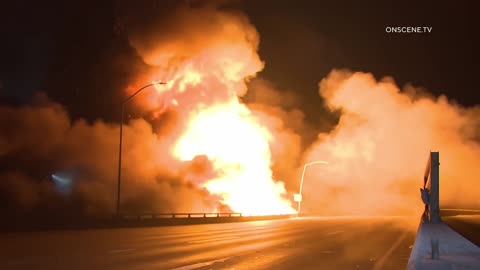 ***Massive Fire Engulfs Pallet Yard and 10 Freeway in Los Angeles***