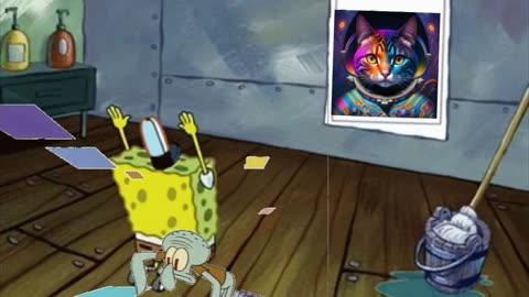 Squidward Is Playing With Tiles While SpongeBob Worships A Cat