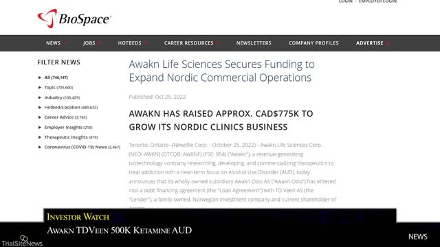 Awakn Life Sciences announced that is has entered into a financing agreement with TD Veen