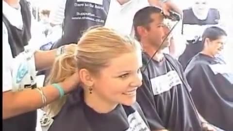 Sexy woman head shave at man salon