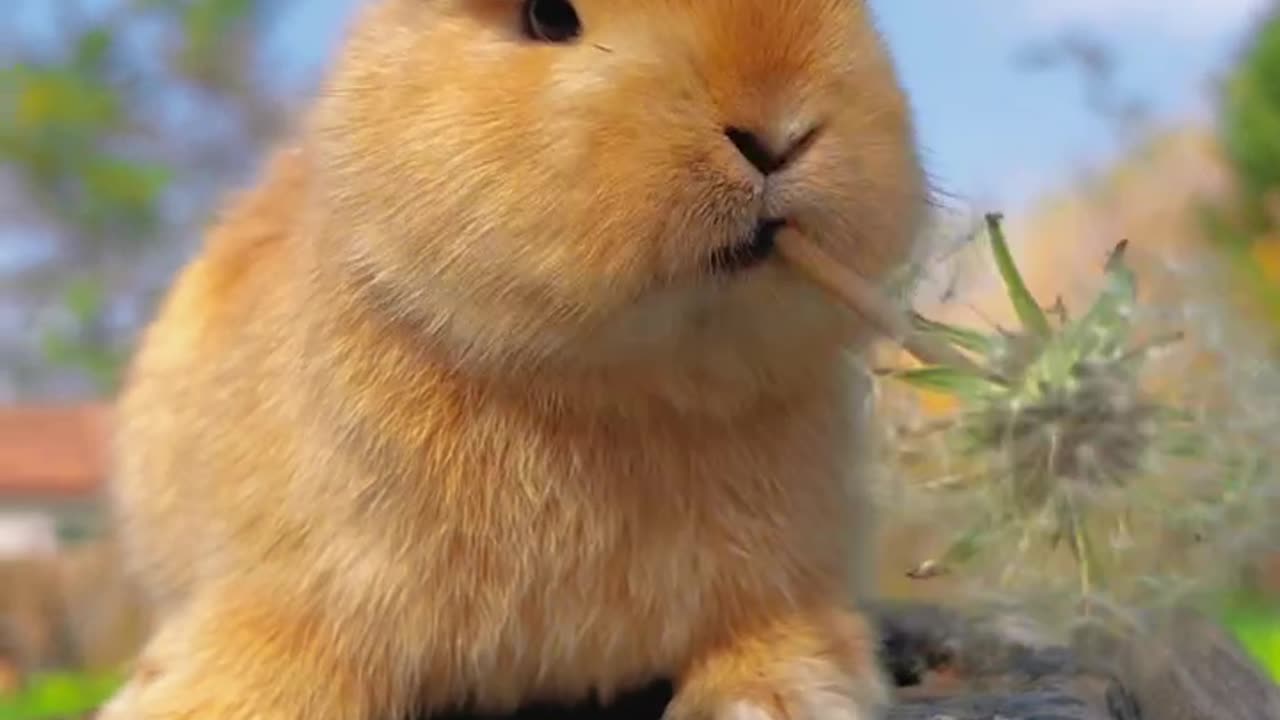 Cute little bunny eating dandelion cute pet rabbit