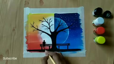 Beautiful poster colour/acrylic day and night couple painting