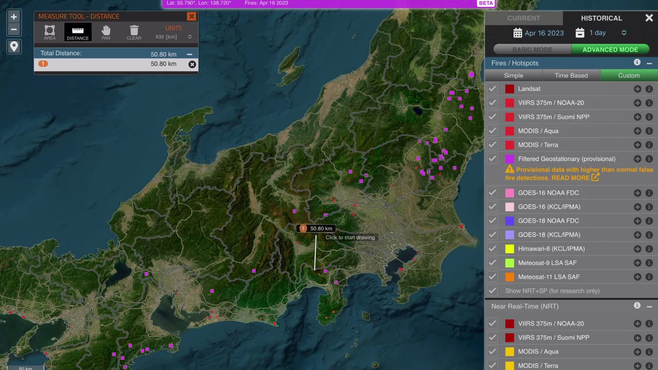 Mount Fuji hotspots and fires from 2023-04-04 to 22 monitored by NASA, 気象庁. 富士山噴火警戒。富士山北側山麓の気温が高い。