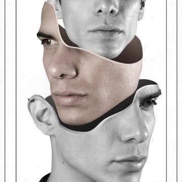 Abstract video of a man with heads like matrushka