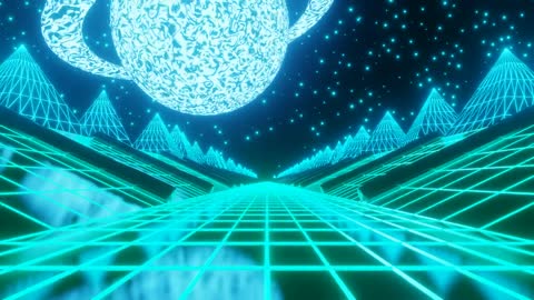 Driving through futuristic neon 3d space landscape