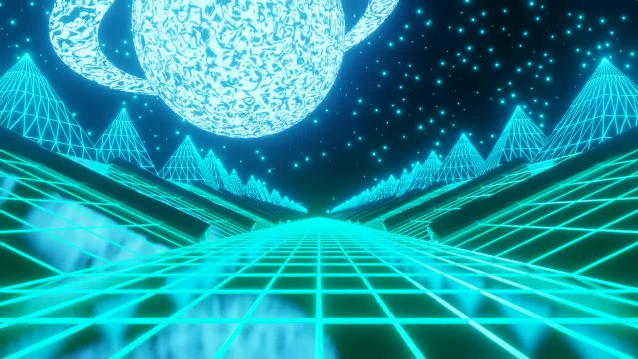 Driving through futuristic neon 3d space landscape