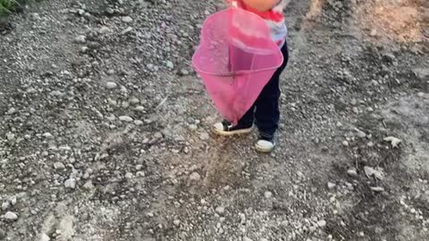 Boy Catches Stone Frog in His Net