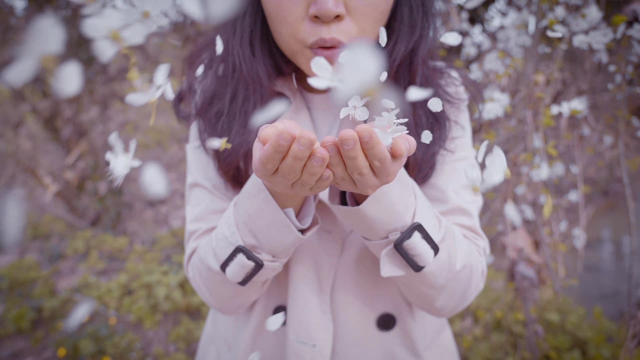 Joung pourple girl blowing flowers