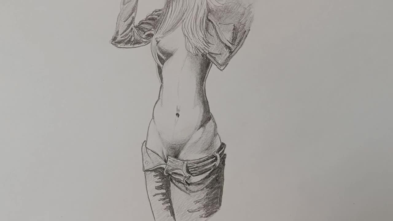 drawing with a pencil a girl taking off her jeans.
