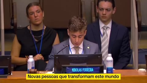 Young Man gives speech at United Nations Headquarters about what's happening in Brazil.