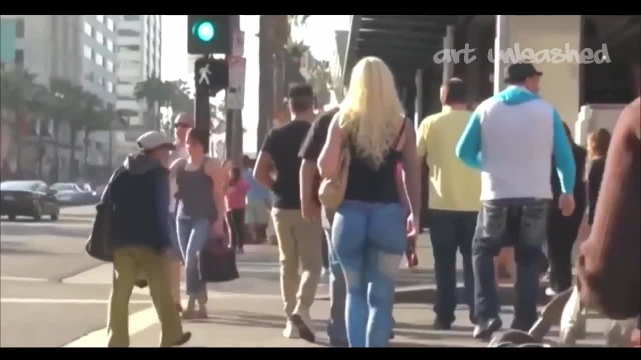 Girl Walks around wearing no pants (body paint jeans)