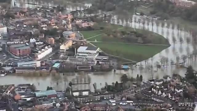 Flooding in Shrewsbury, aerial view