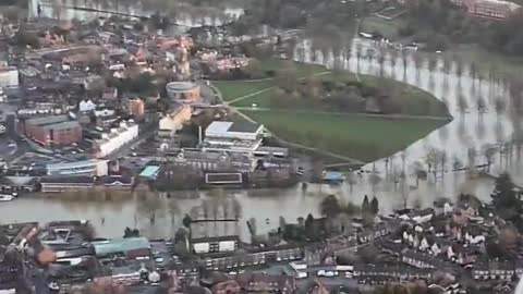Flooding in Shrewsbury, aerial view