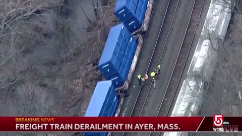 Large emergency response after freight train derails in Ayer, Massachusetts.