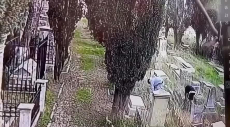 Jewish Israeli settlers desecrating graves in the Protestant Cemetery in occupied Jerusalem