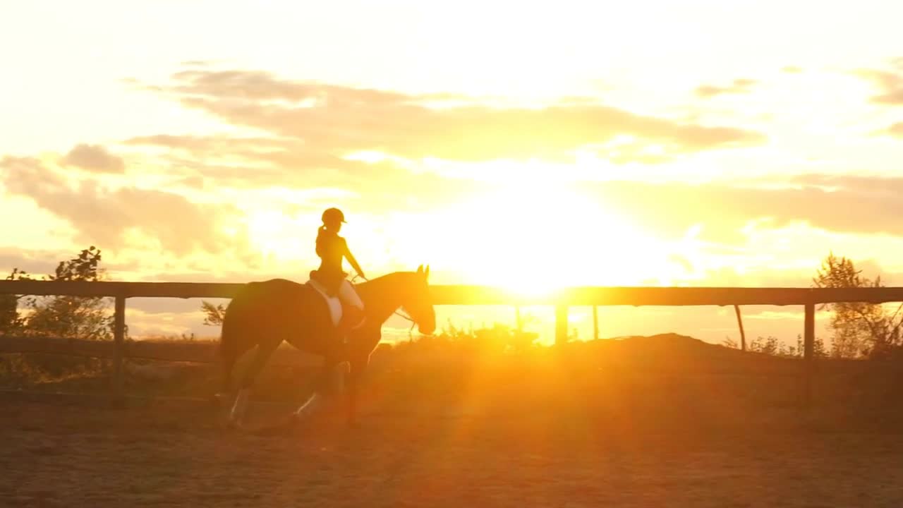 Silhouette of a girl riding a horse at sunset