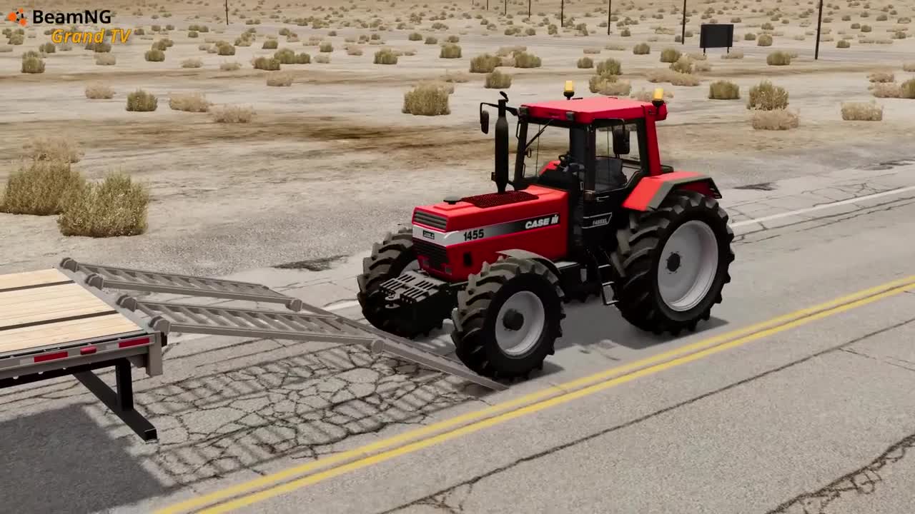 Colored Tractors Transportation with Truck on Flatbed Trailer - Pothole vs Tractor - BeamNG.Drive