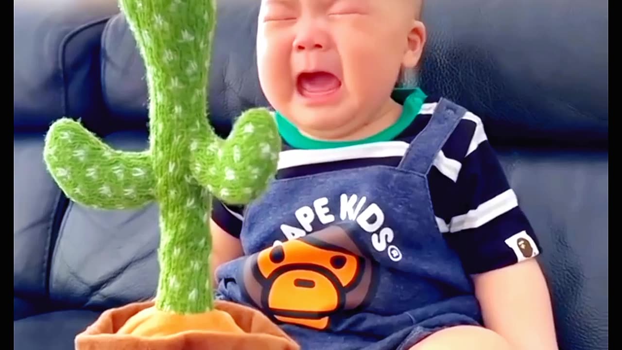 Baby funny crying because of dancing cactus toy