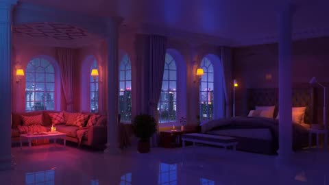 "Experience the Serenity of Rain with a Cityscape View from a Cozy Bedroom (8 Hours)"