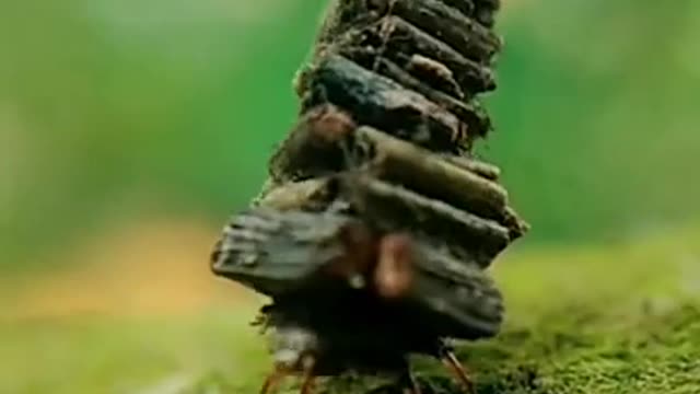 A bagworm moth caterpillar with a little cabin on