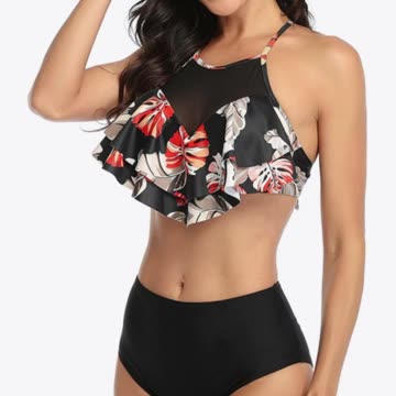 Tropical Print Ruffled Two-Piece Swimsuit
