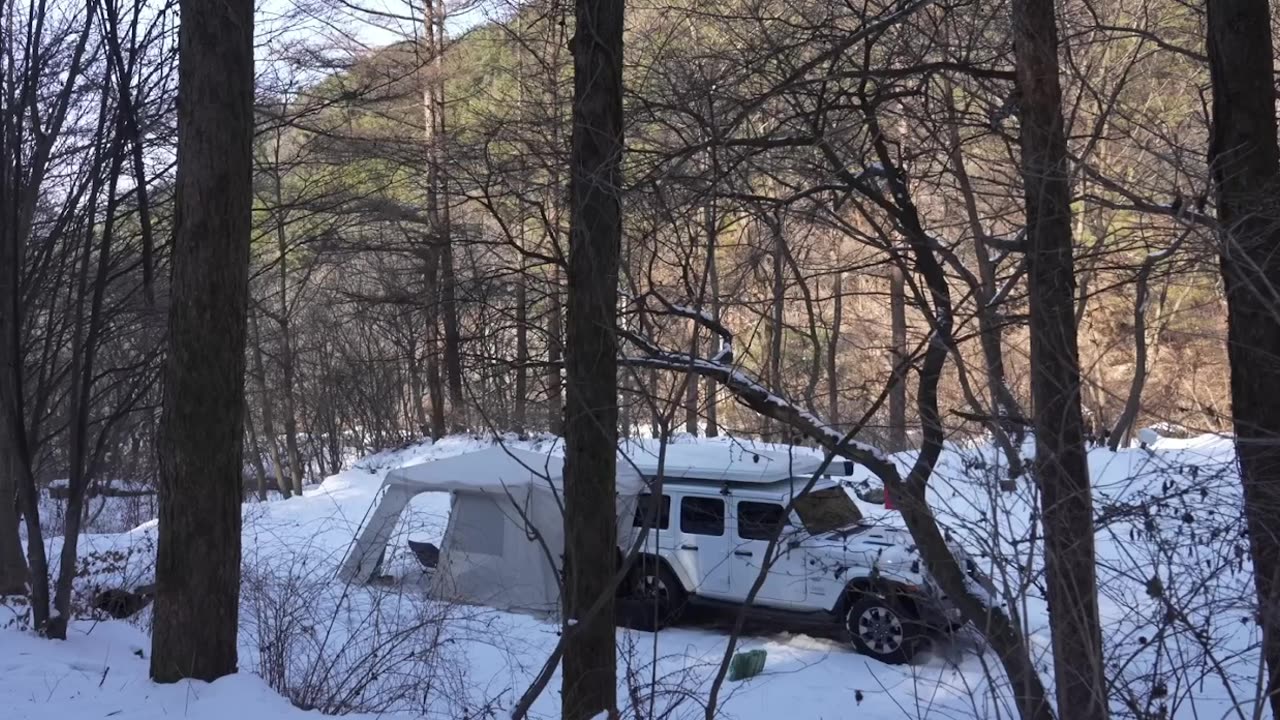 Snowy Frozen wild forest floor alone Camping / Hot Tent in the cold