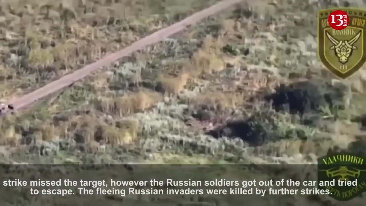 Getting into vehicle to escape, Russians are targeted by a drone-They seek to leave vehicle and flee