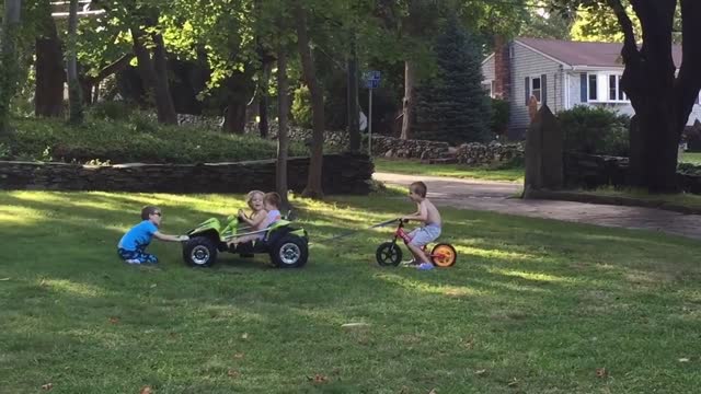 Young boy gets run over by toy car