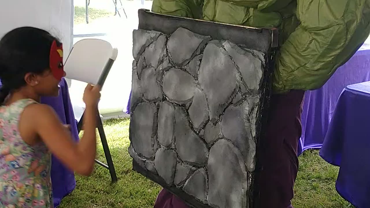 Houston superhero party character mean green hulk teaches stone wall punching