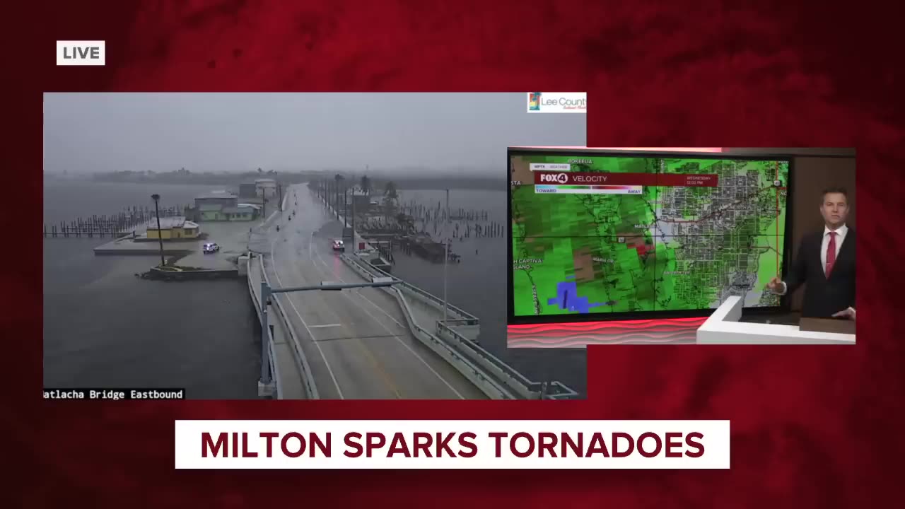 Hurricane Milton: Tornado sweeps over bridge during meteorologist's live report