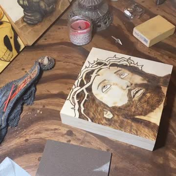 Wood burning a portrait of Jesus