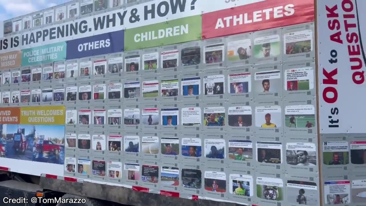 A truck plastered with those believed to have been killed by the C-19 vax in Peterborough, Ontario.