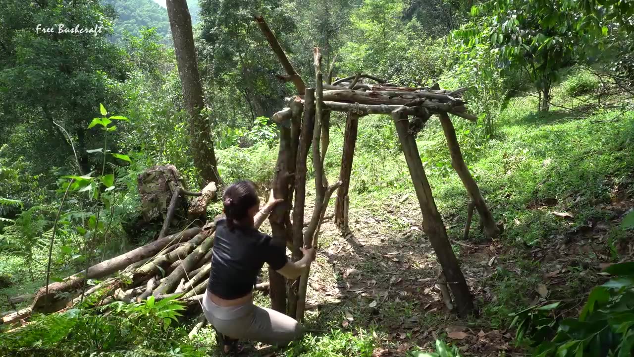 Building Complete and Warm Survival Shelter by Dry Firewood, Bushcraft Hut #78