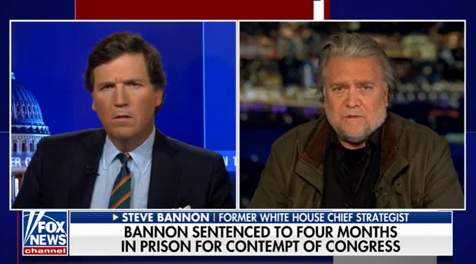 Tucker with Steve Bannon sentenced to 4 months in prison today for ignoring subpoena | 10/21/22