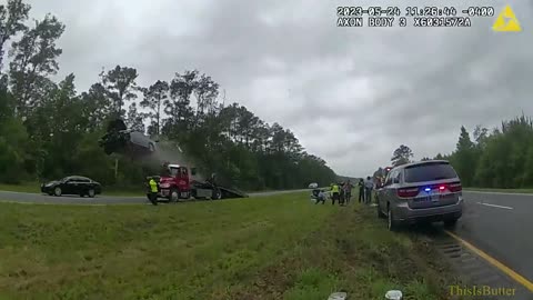 Body cam shows driver in Lowndes County accidentally drives onto and launches off a tow truck bed