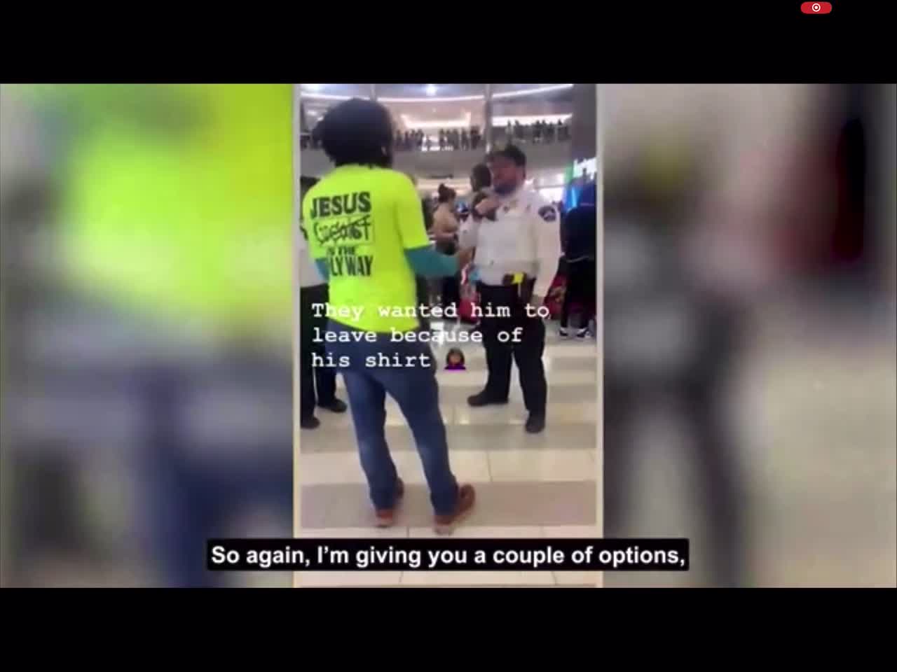 Man kicked out of Minneapolis MN area mall for wearing Jesus Saves / Jesus is the only answer shirt