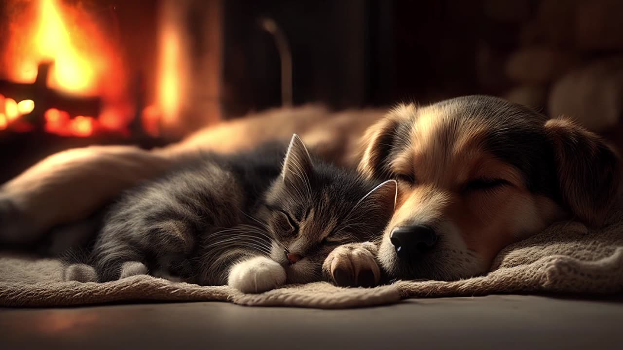 A Dog sleeping with his cute kitten