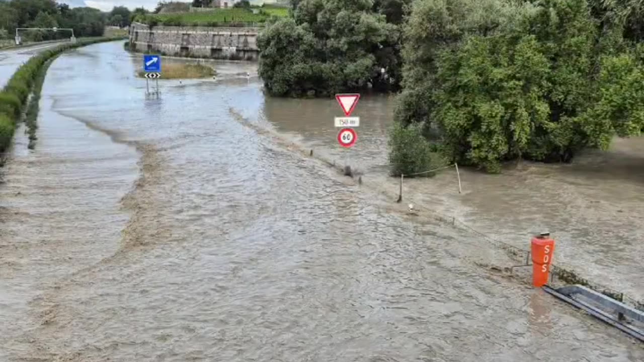 Massive floods due to overflowing Rhône river in Sierre of Valais, Switzerland (06/30/2024)