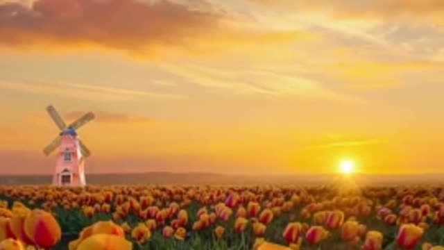 When the healing sunset meets the beautiful tulip such a beautiful scene who