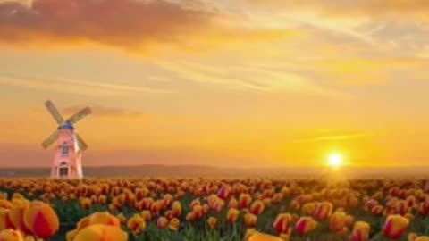 When the healing sunset meets the beautiful tulip such a beautiful scene who