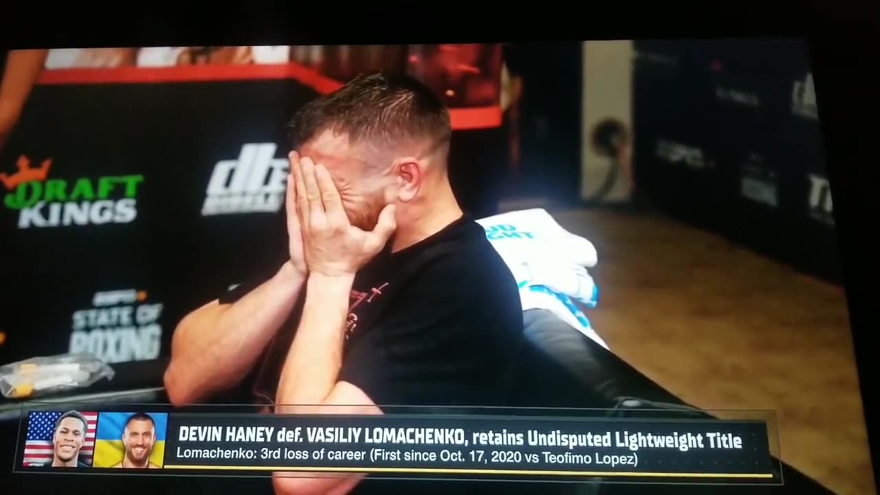 Vasiliy Lomachenko crying after the loss to Devin Haney