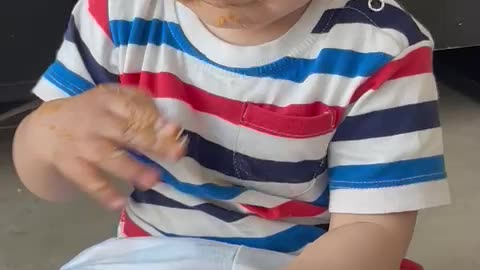 Cute Baby loves to eat Peanut Butter