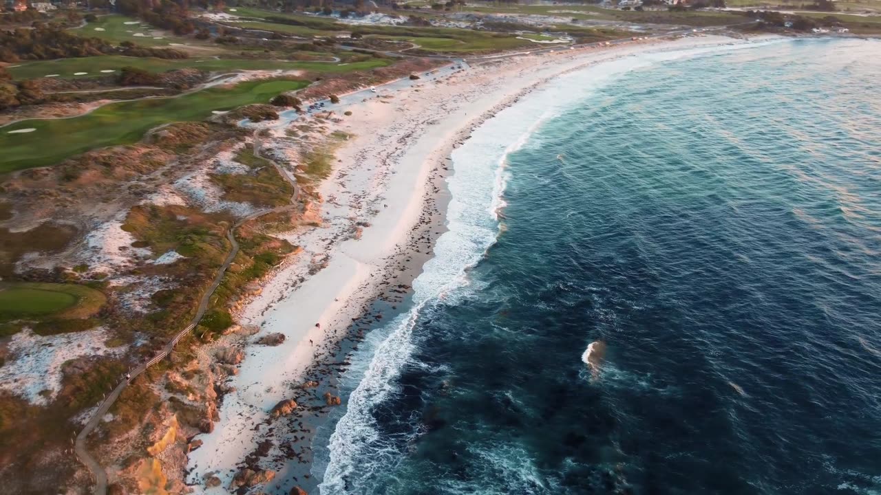 Aerial View of Sandy Beaches and a Golf Course on the Coast of Monterey, California