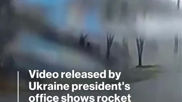 A video released by the Ukrainian President's Office shows that a Russian rocket hit a building.