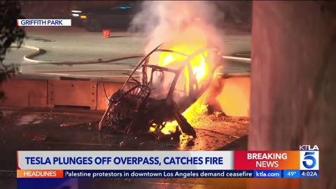 Tesla plunges off overpass, catches fire after landing on 134 Freeway