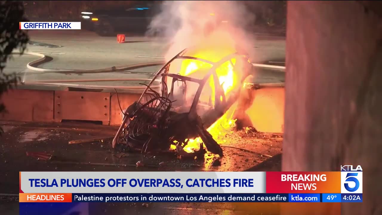 Tesla plunges off overpass, catches fire after landing on 134 Freeway