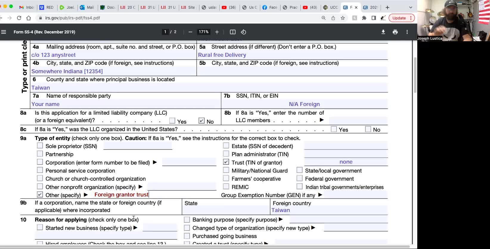 How to get the 98 EIN number (foreign grantor trust)