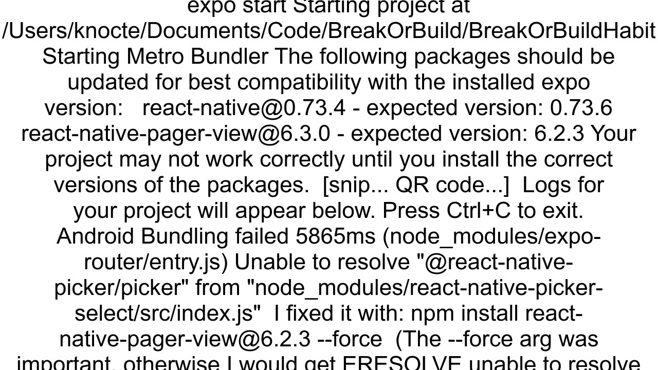 Dependencies are not compatible with currently expo package version when running npm start