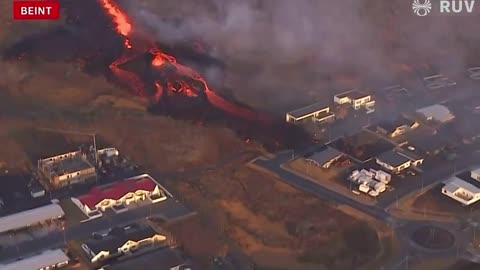 An Icelandic volcanic eruption causes a house to catch fire.