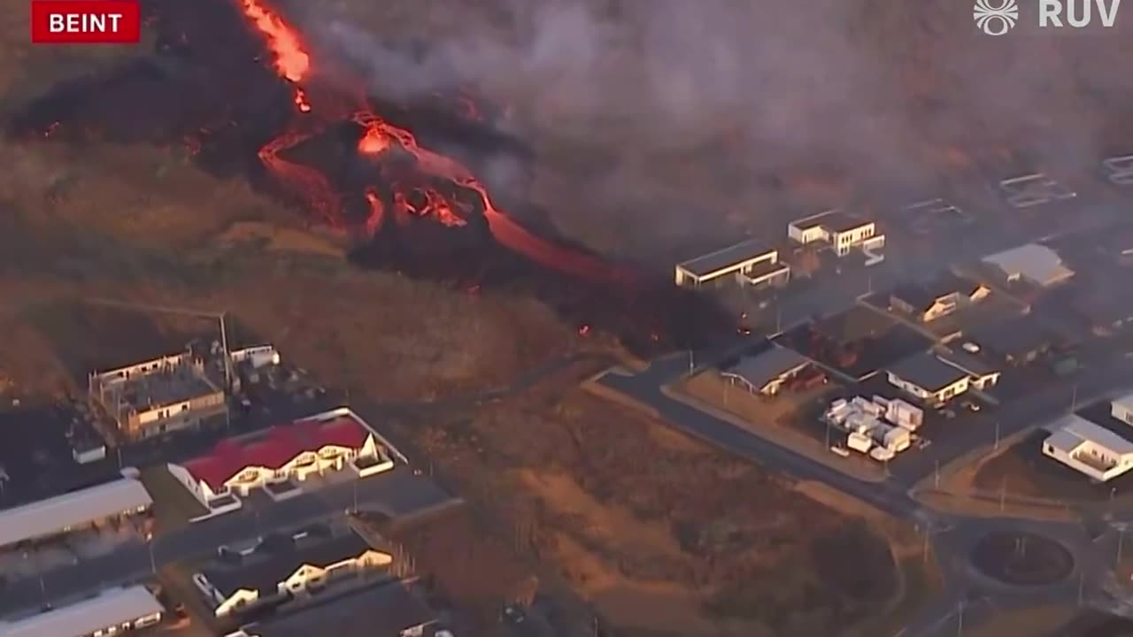 An Icelandic volcanic eruption causes a house to catch fire.